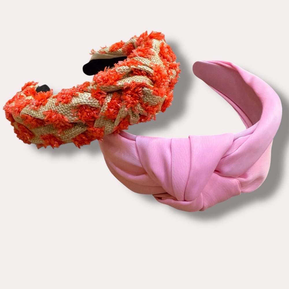 Pink Knotted Headband & Orange Woven Headband Set Boho Chunky Hair Accessories